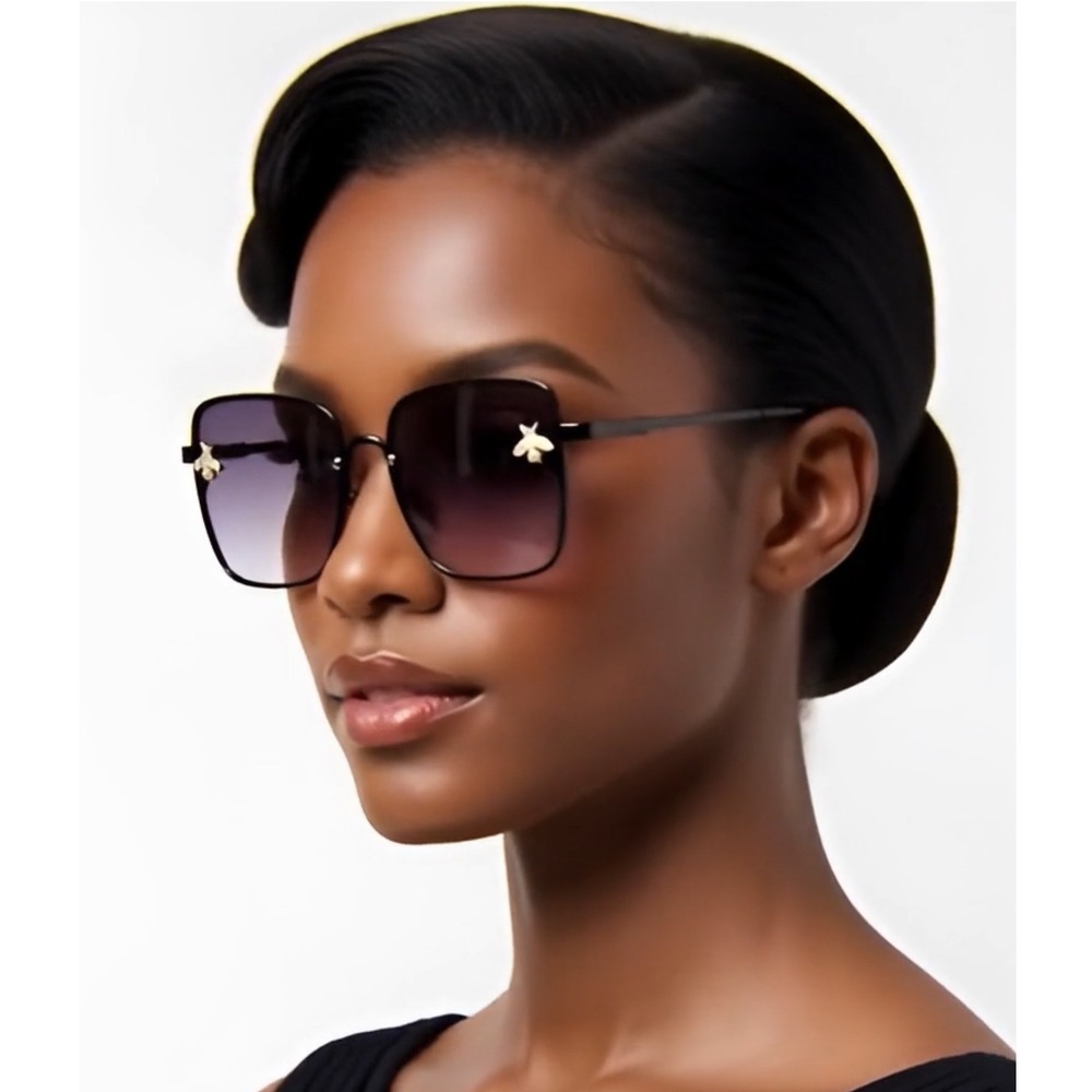 Womens Square Oversized Sunglasses Bee‎ Embellished Gradient Lenses Black Gold
